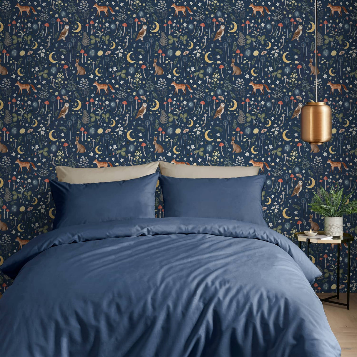 Catherine Lansfield Enchanted Twilight Animals Natural Wallpaper - Enchanted Twilight Navy Wallpaper