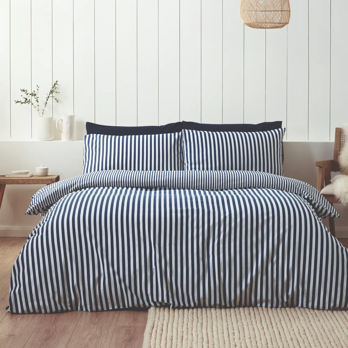Catherine Lansfield Brushed Stripe Brushed Cotton Flannelette Duvet Cover - Navy Blue
