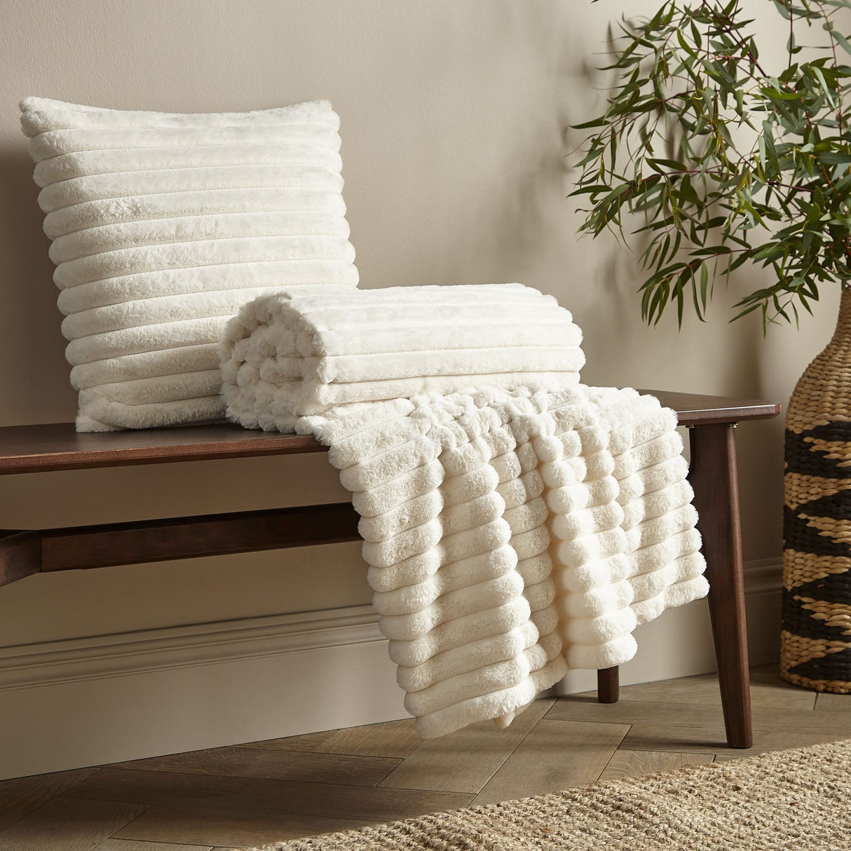 Catherine Lansfield Cosy Ribbed Filled Cushion 45cm x 45cm - Cream - Cosy Ribbed Cream Group