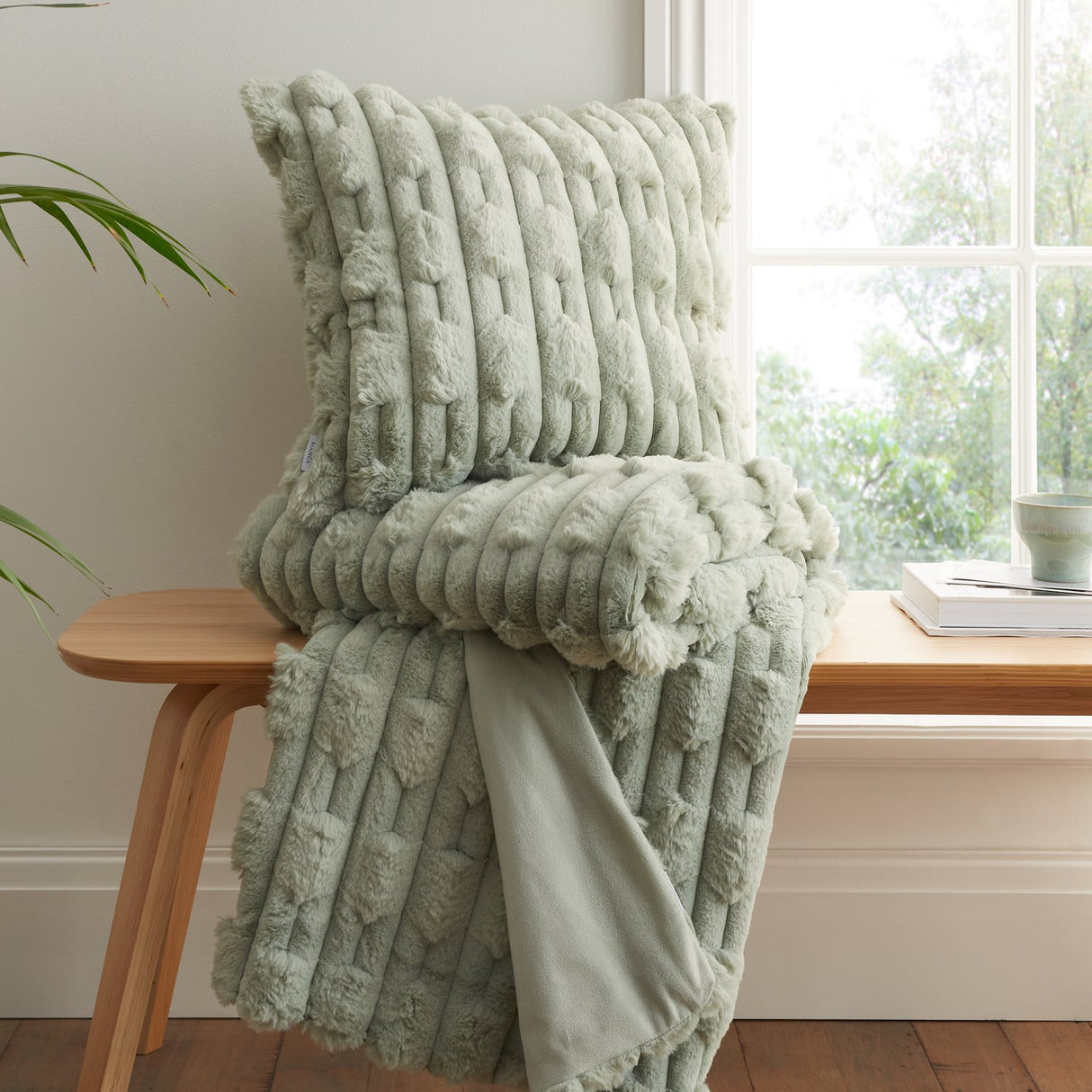 Bianca Fine Linens Carved Faux Fur Sage Thermal Throw Blanket 150cm x 200cm