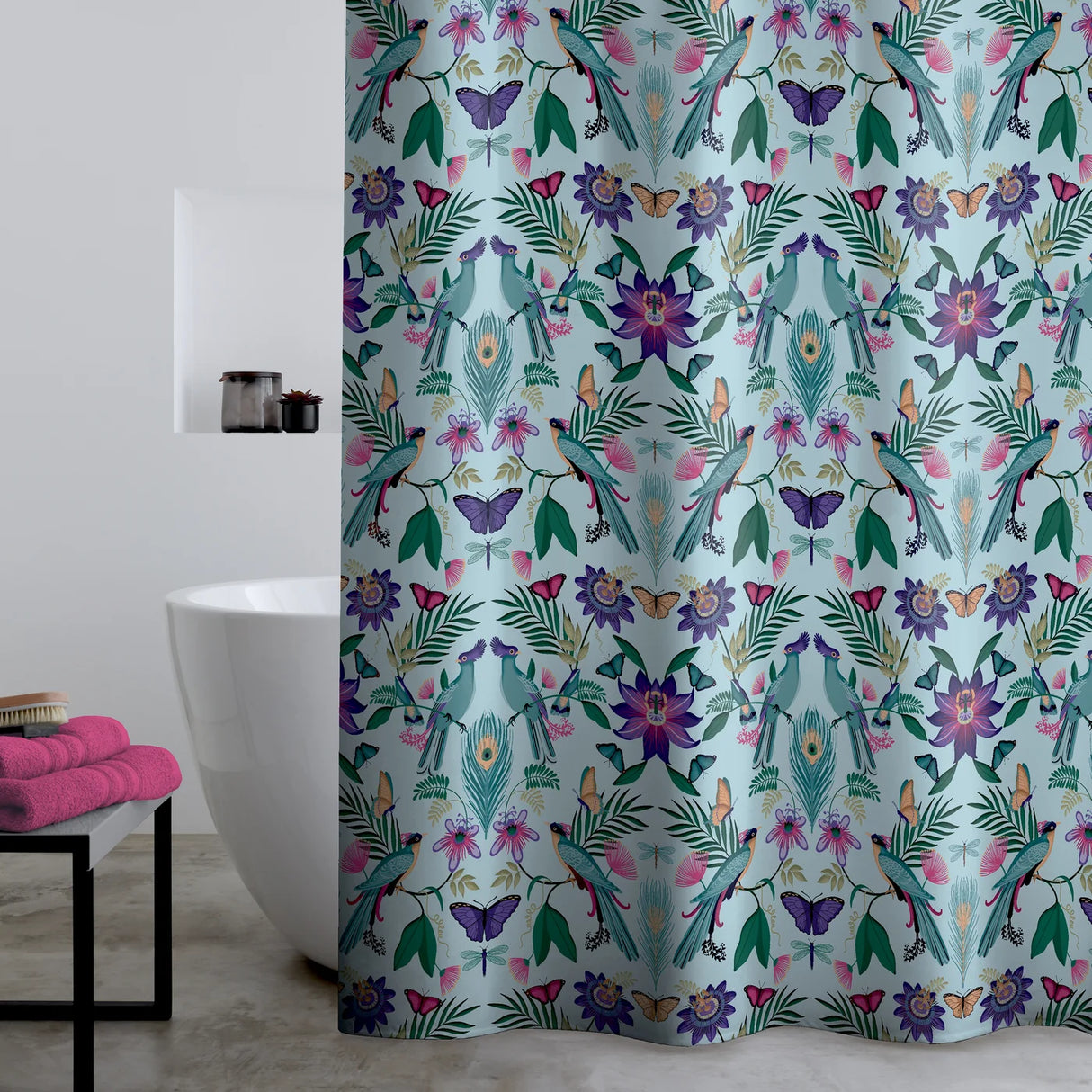 Catherine Lansfield Mya Tropical Bird Duck Egg Blue 180x180cm Shower Curtain