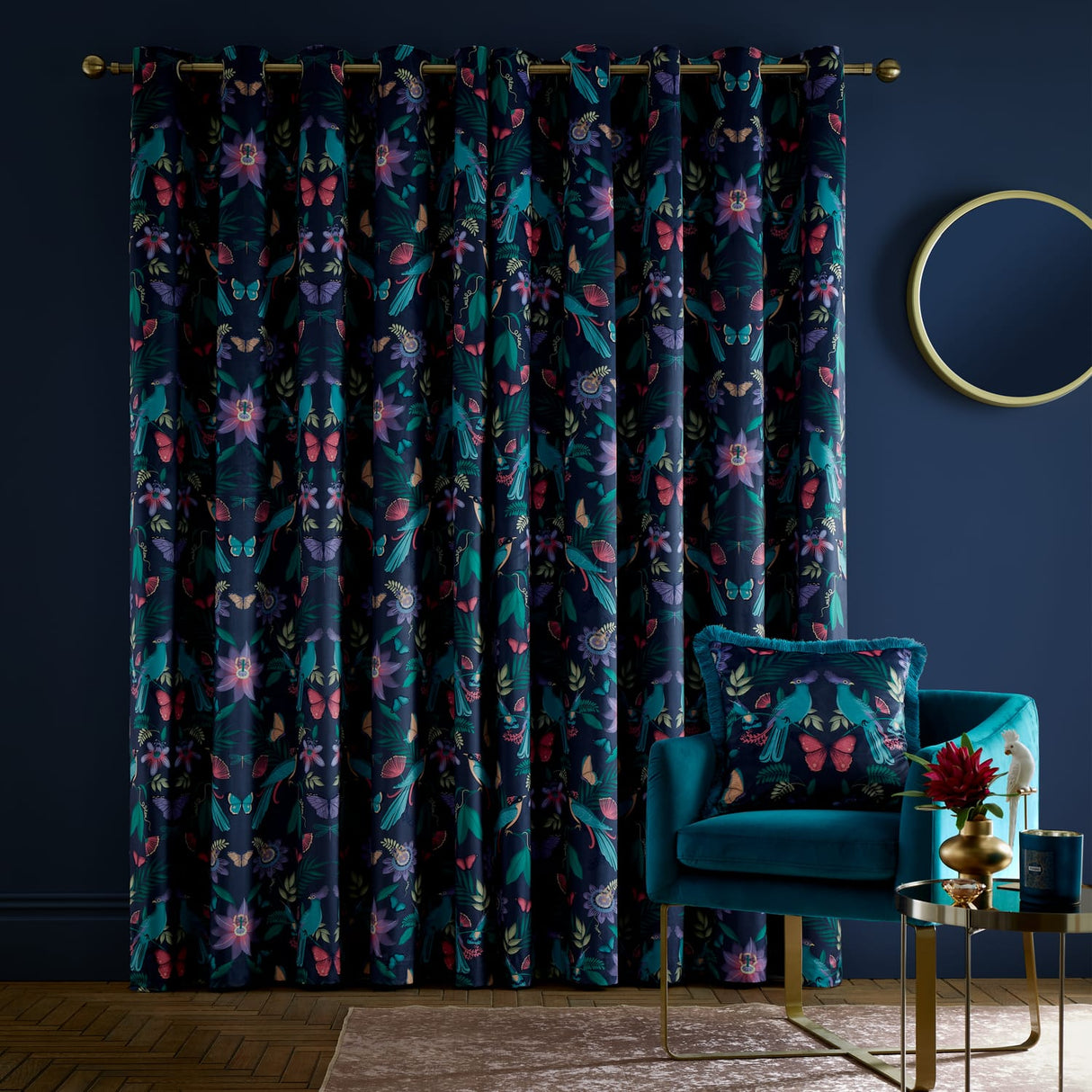 Catherine Lansfield Mya Tropical Birds Eyelet Curtains Velvet - Mya Tropical Floral Curtain