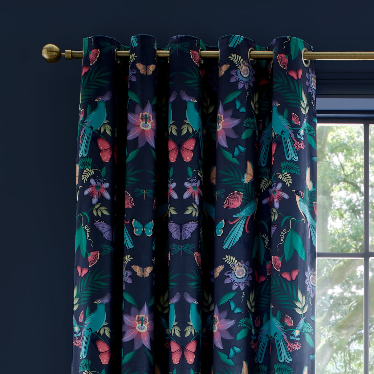 Catherine Lansfield Mya Tropical Birds Eyelet Curtains Velvet - Mya Tropical Floral Curtain