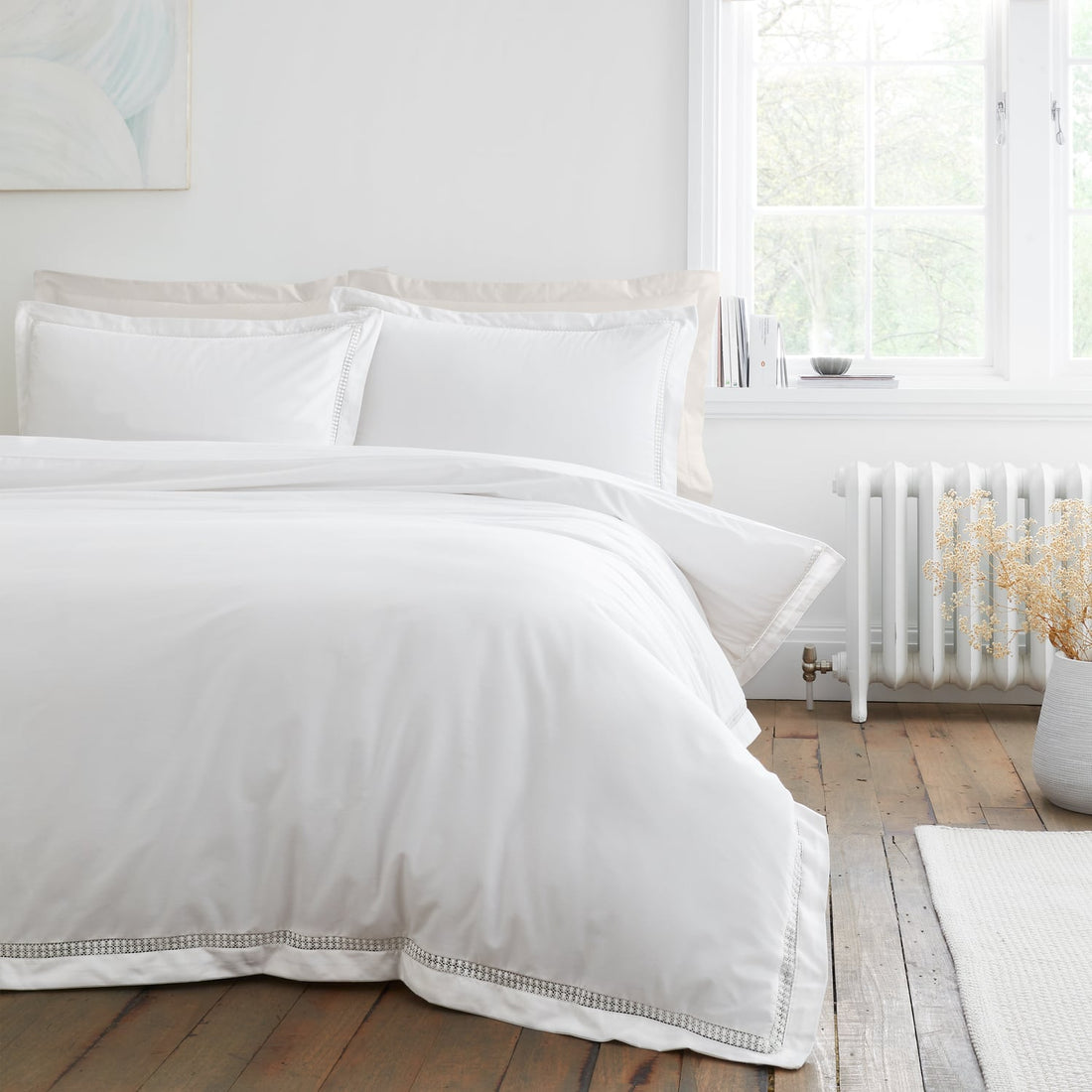 Bianca Oxford Lace Trim Natural 100% Cotton Duvet Cover Bedding Set