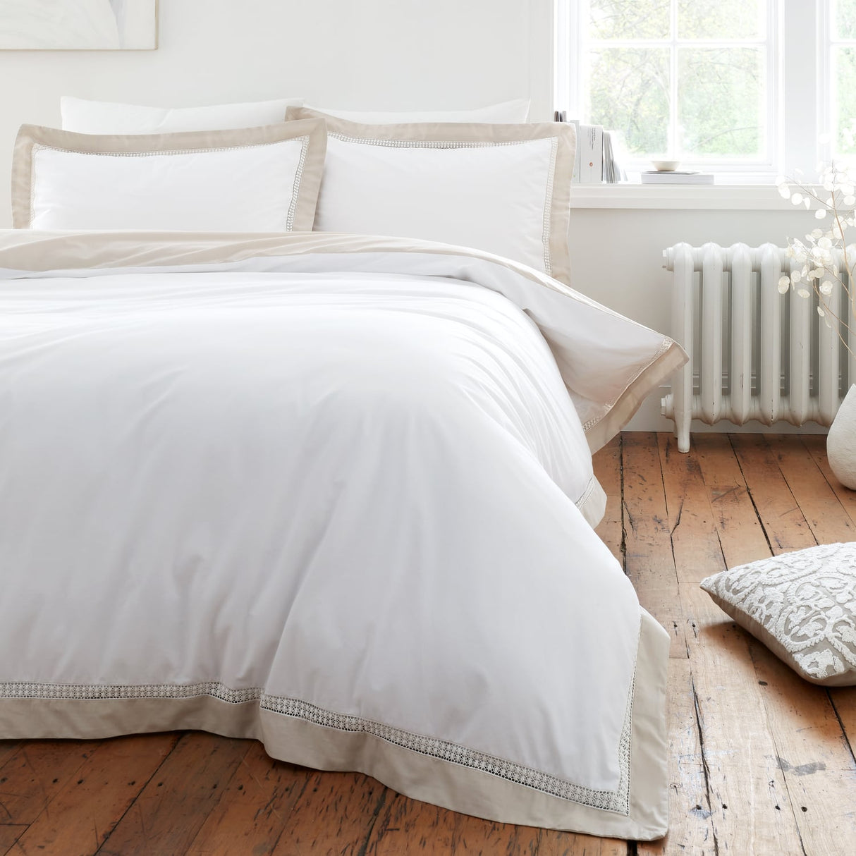 Bianca Oxford Lace Trim Cotton Duvet Cover Set - Natural - Oxford Lace