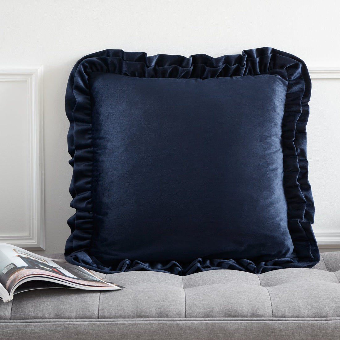 Catherine Lansfield So Soft Double Frill Navy 43x43cm Velvet Navy Blue Filled Cushion