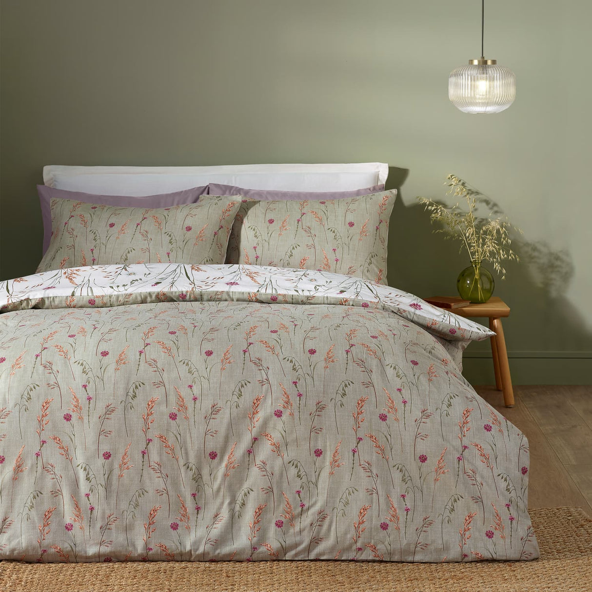 Catherine Lansfield Brushed Grasmere Floral Duvet Cover Set - Green - Brushed Grasmere Floral