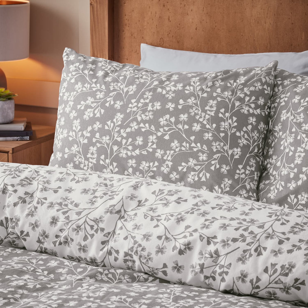 Catherine Lansfield Grace Floral Leaf Brushed Cotton Flannelette Duvet Cover Set - Grey - Grace Floral Grey Duvet Set