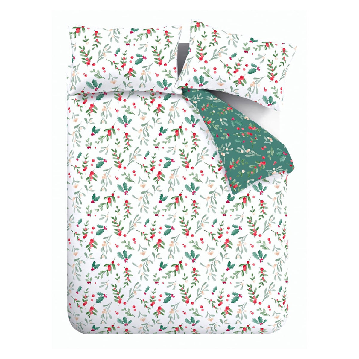Catherine Lansfield Christmas Holly & Mistletoe Brushed Cotton Flannelette Set - Holly And Mistletoe Duvet Set