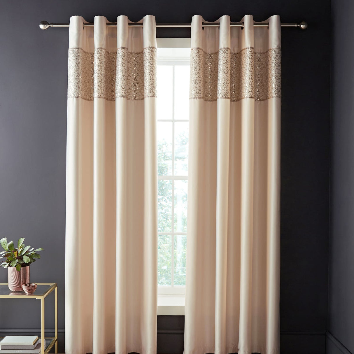 Catherine Lansfield Deco Sequin Eyelet Curtains - White - Deco Sequin Curtains Champagne