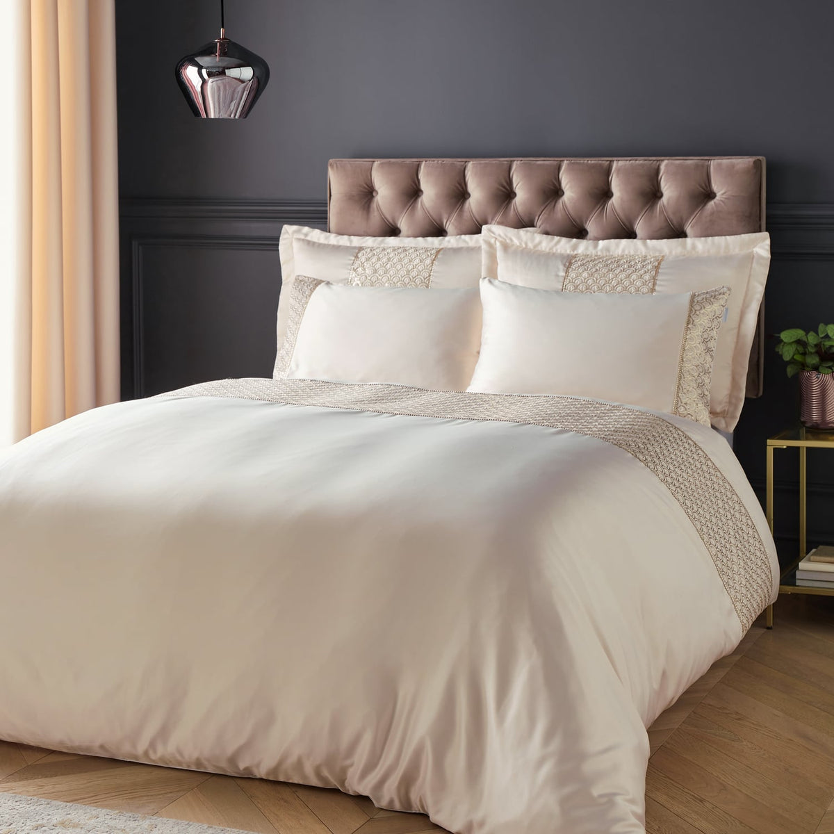 Catherine Lansfield Deco Sequin Embellished Duvet Cover Set - Deco Sequin Duvet Set Champagne