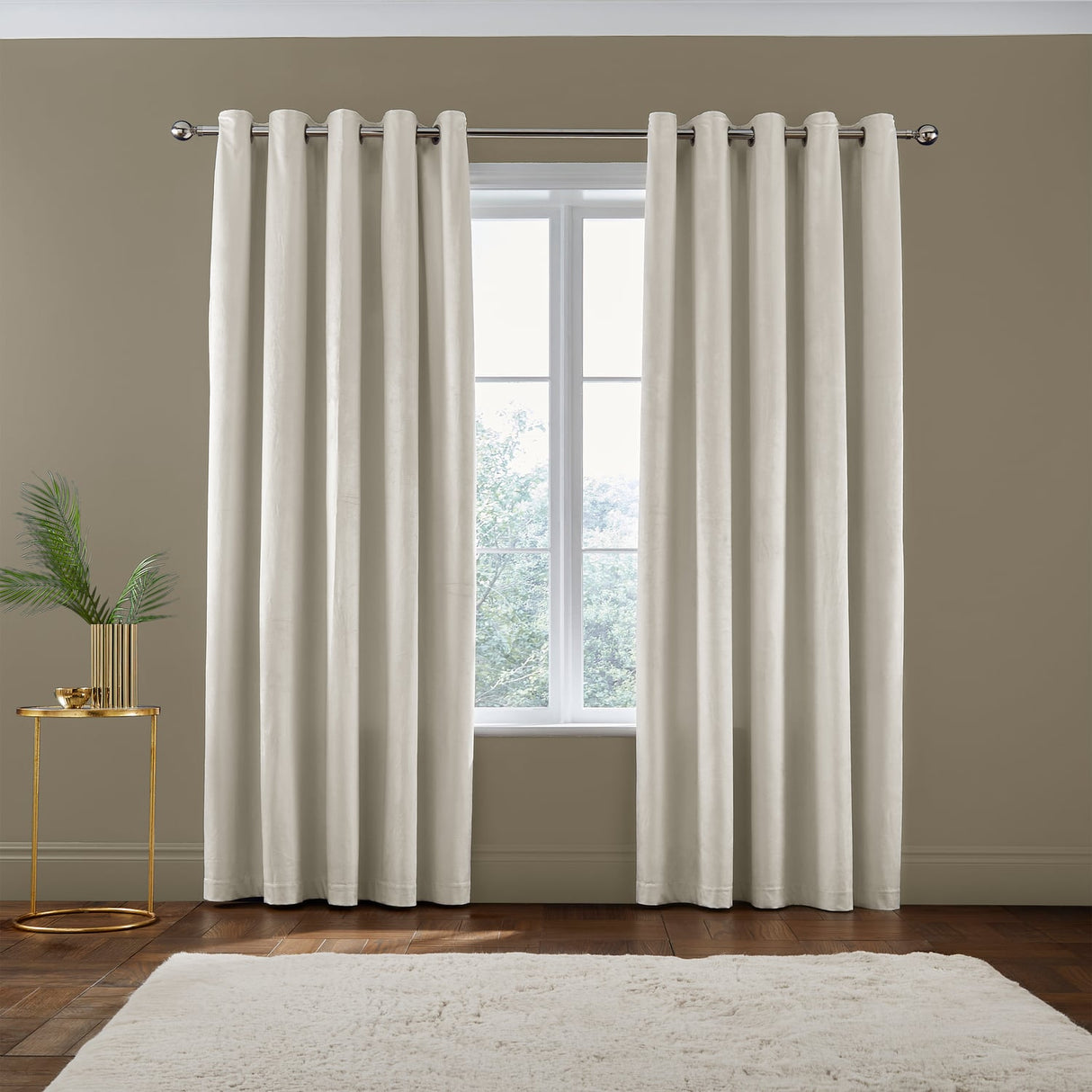 Catherine Lansfield Kingsley Matt Velvet Eyelet Curtains - Cream Light Filtering - Kingsley Curtains Cream