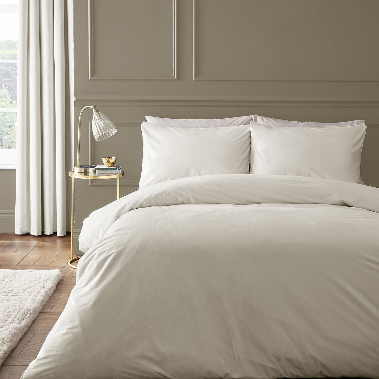 Catherine Lansfield Kingsley Matt Cream Velvet Duvet Cover Bedding Set - Kingsley Duvet Set Cream