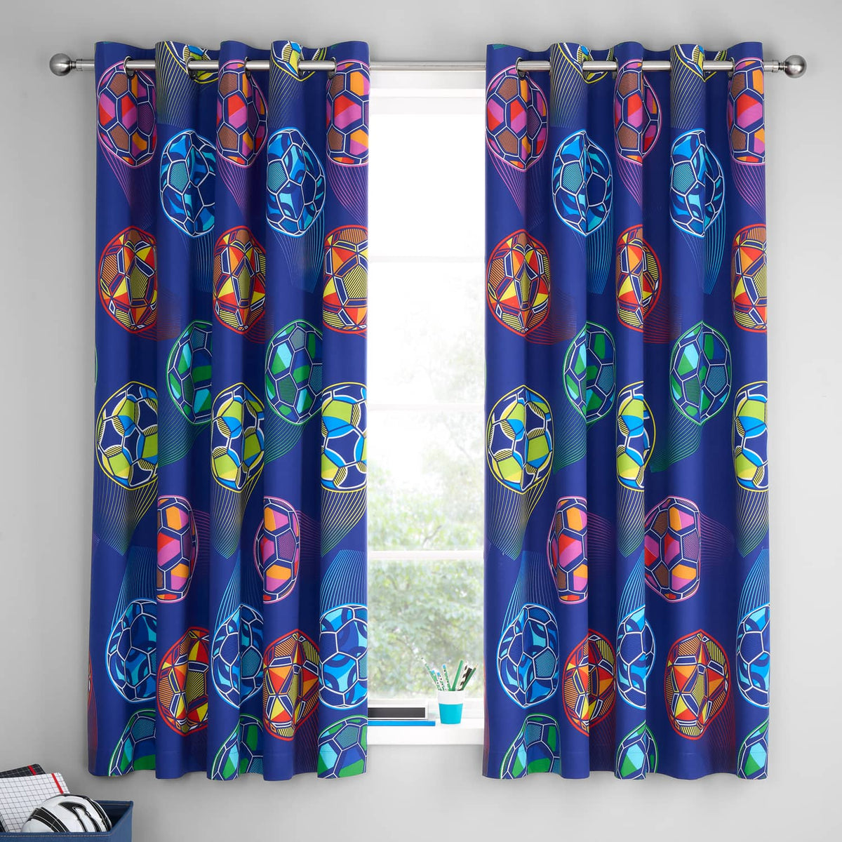 Catherine Lansfield Bright Football Kids Reversible Eyelet Curtains Polycotton - Bright Football Curtains