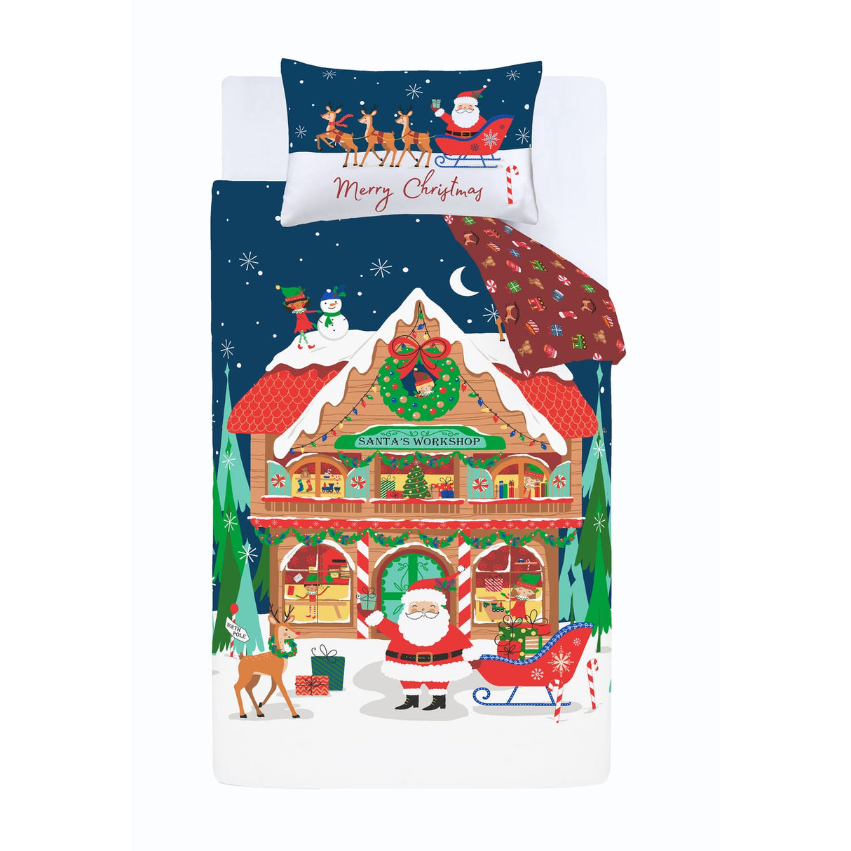 Catherine Lansfield Christmas Santa's Workshop Duvet Cover Set - Santas Christmas Workshop Duvet Set
