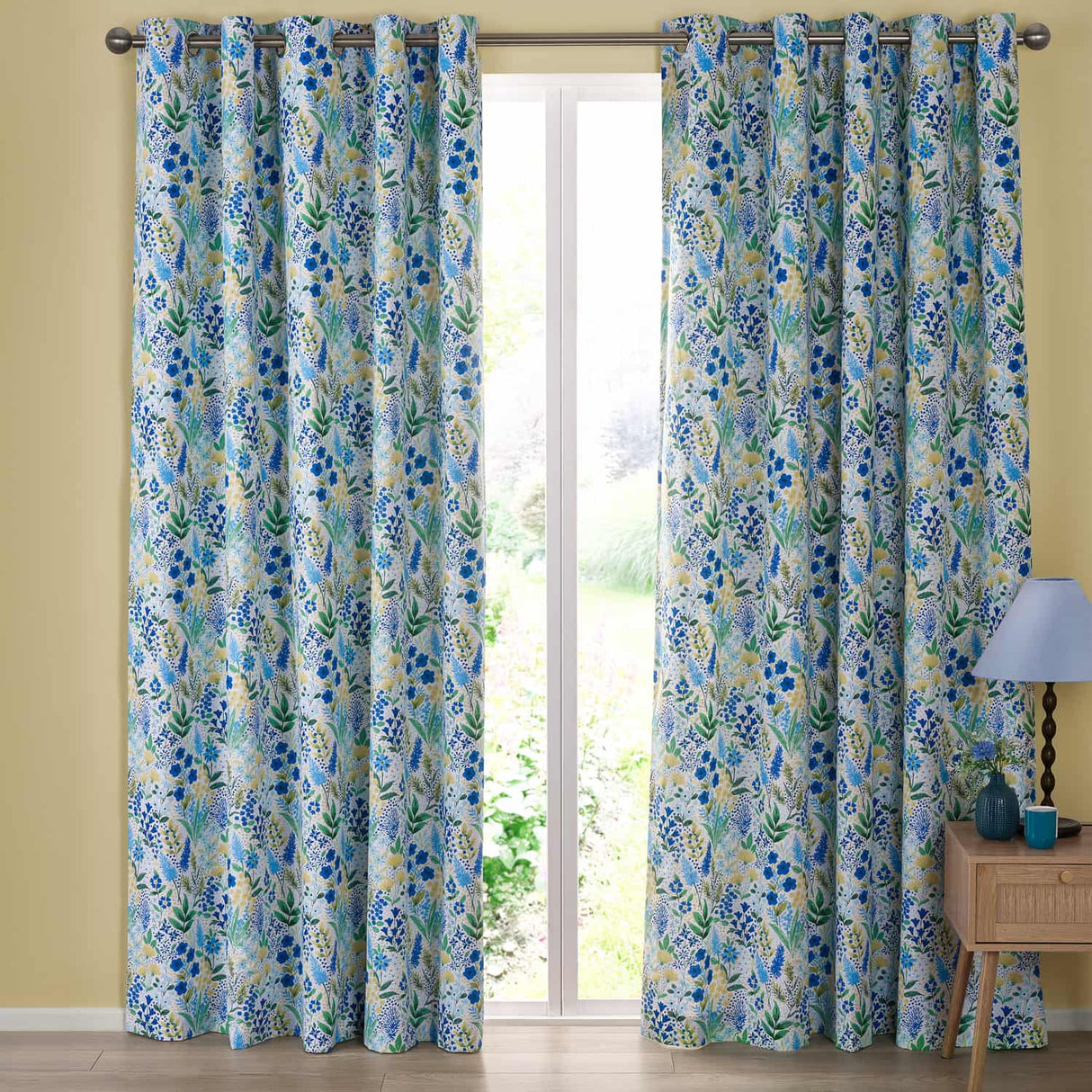 Catherine Lansfield Tilly Floral Eyelet Curtains - Blue Polycotton - Tilly Floral Curtains Blue