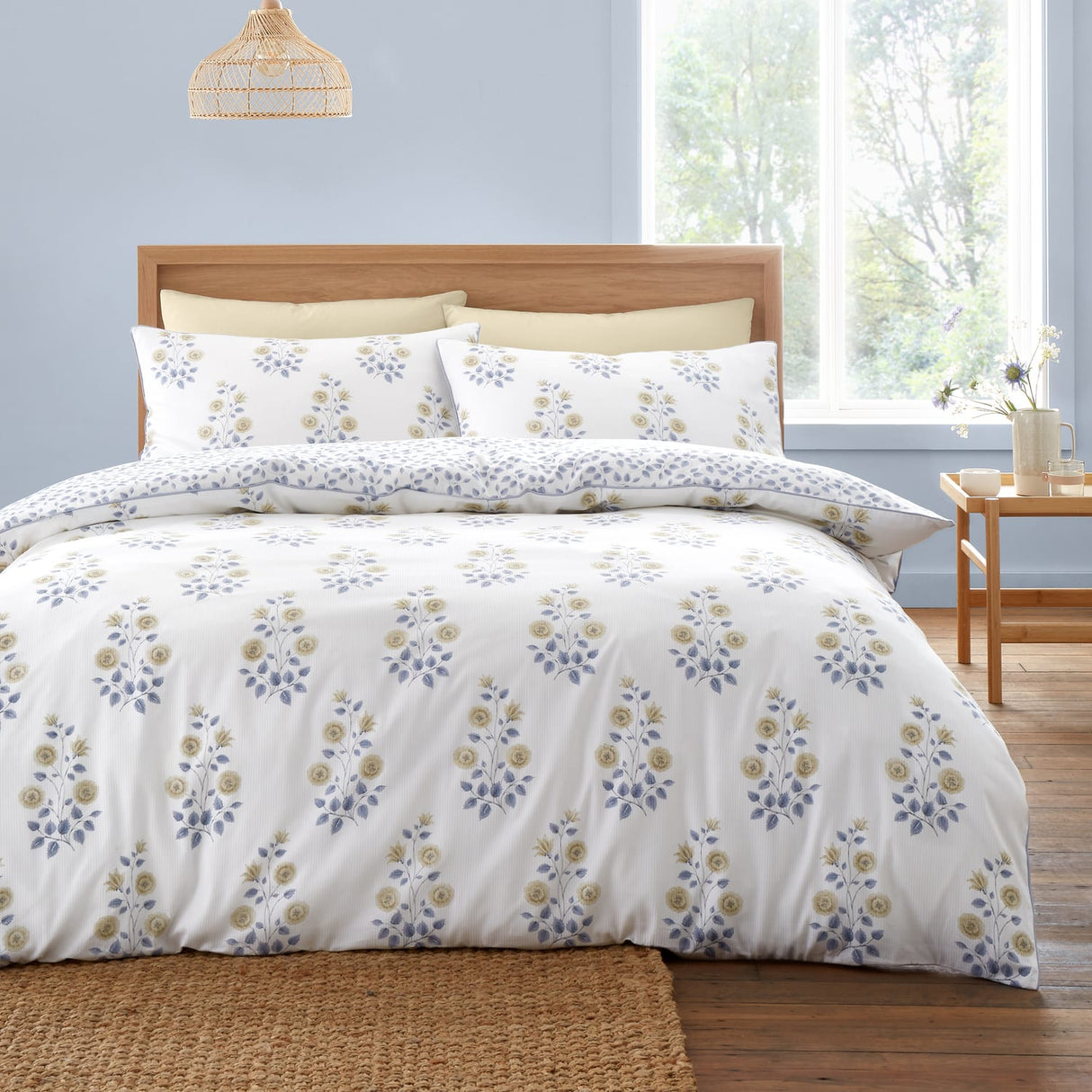 Bianca Eloise Floral 230 Thread Count Cotton Satin Stripe Duvet Cover Set White - Eloise Floral Duvet Set