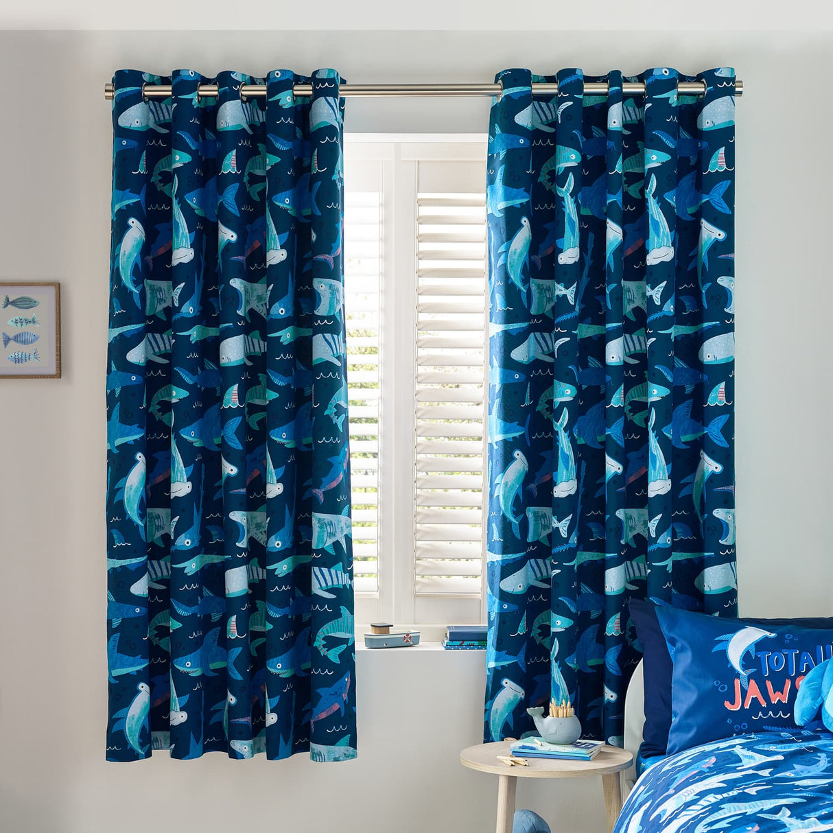 Catherine Lansfield Jawsome Shark Kids Eyelet Curtains Polycotton - Jawsome Shark Curtains