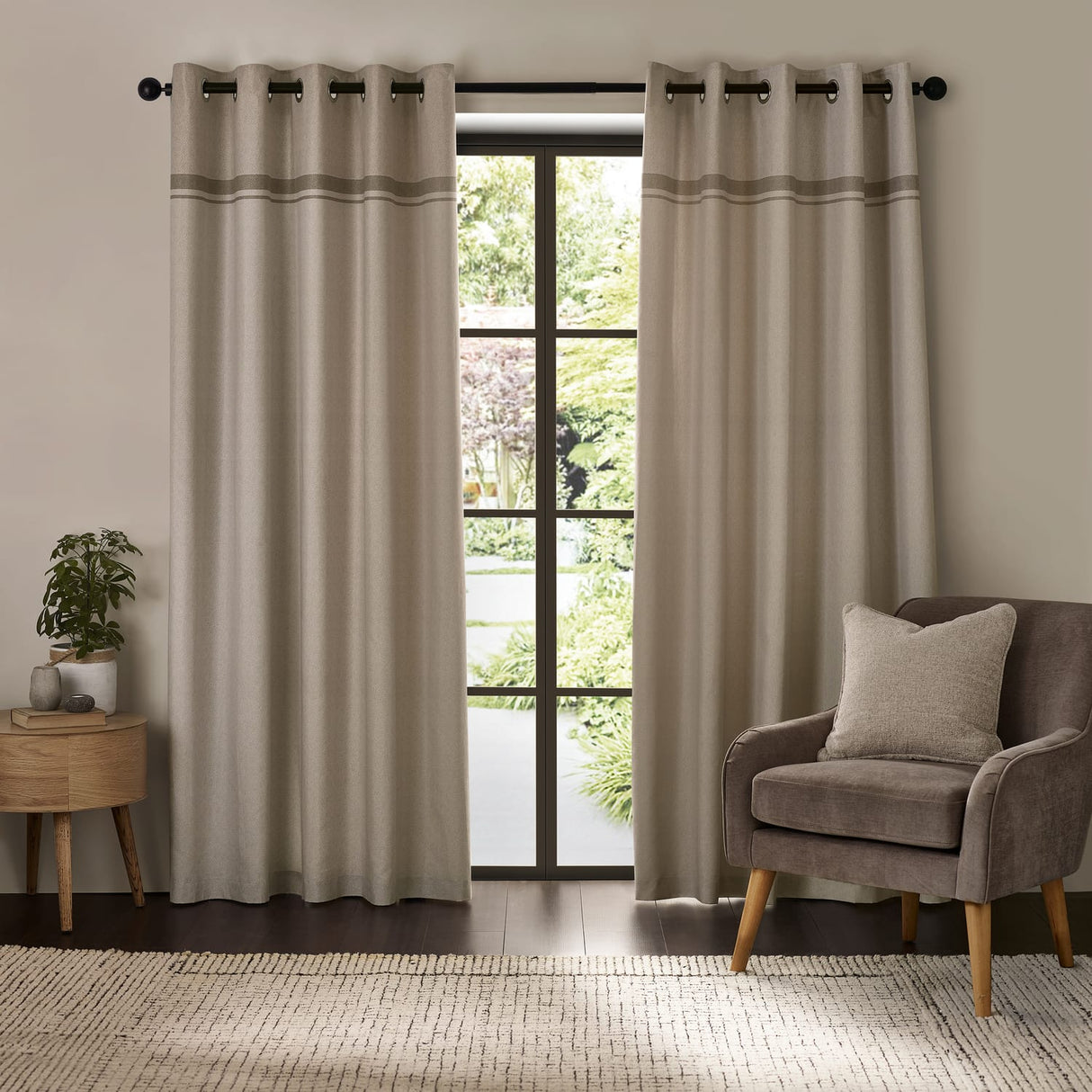 Catherine Lansfield Melville Lined Woven Texture Eyelet Curtains - Natural Light Filtering Polycotton - Melville Curtains Natural