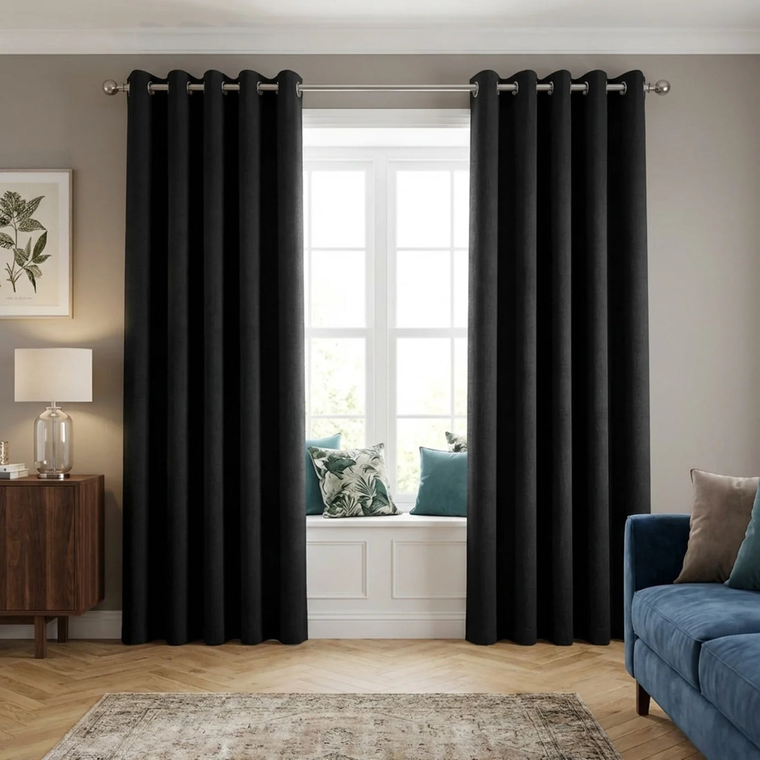 Vogue Black Thermal Dimout Eyelet Curtains Textured Embossed
