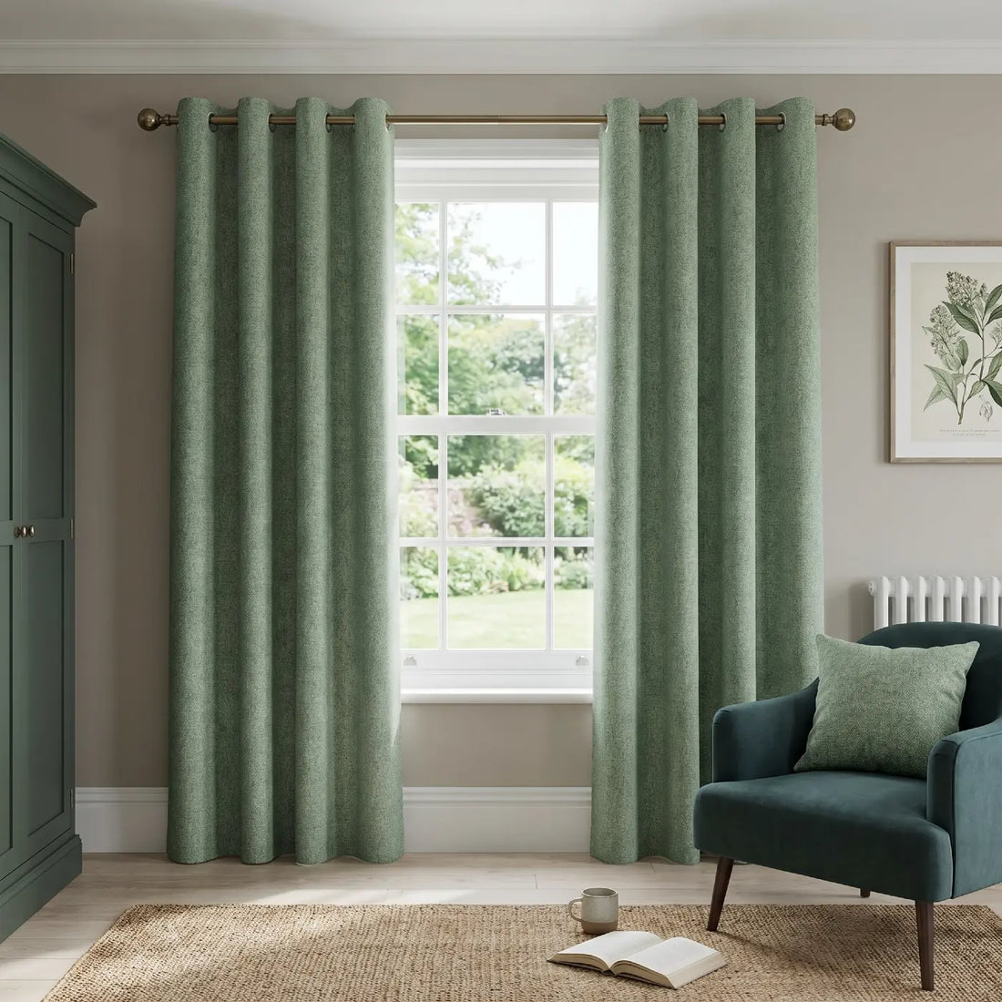 Austin Lined Green Thermal Blackout Eyelet Curtains Linen Look
