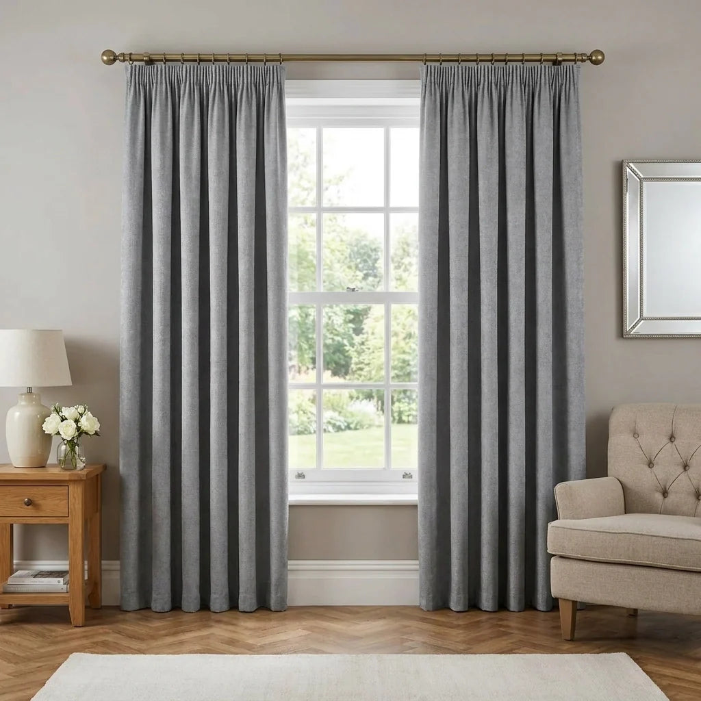 Matrix Dim Out Grey Thermal Pencil Pleat Curtains Textured Embossed