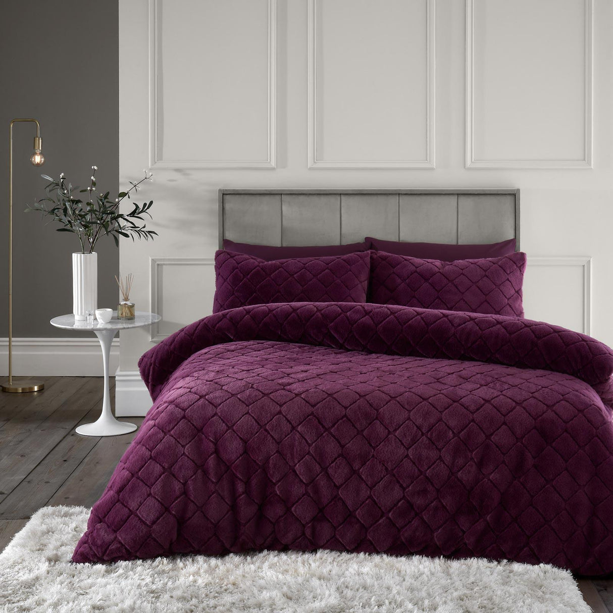 Catherine Lansfield Cosy Diamond Geometric Duvet Cover Set - Plum