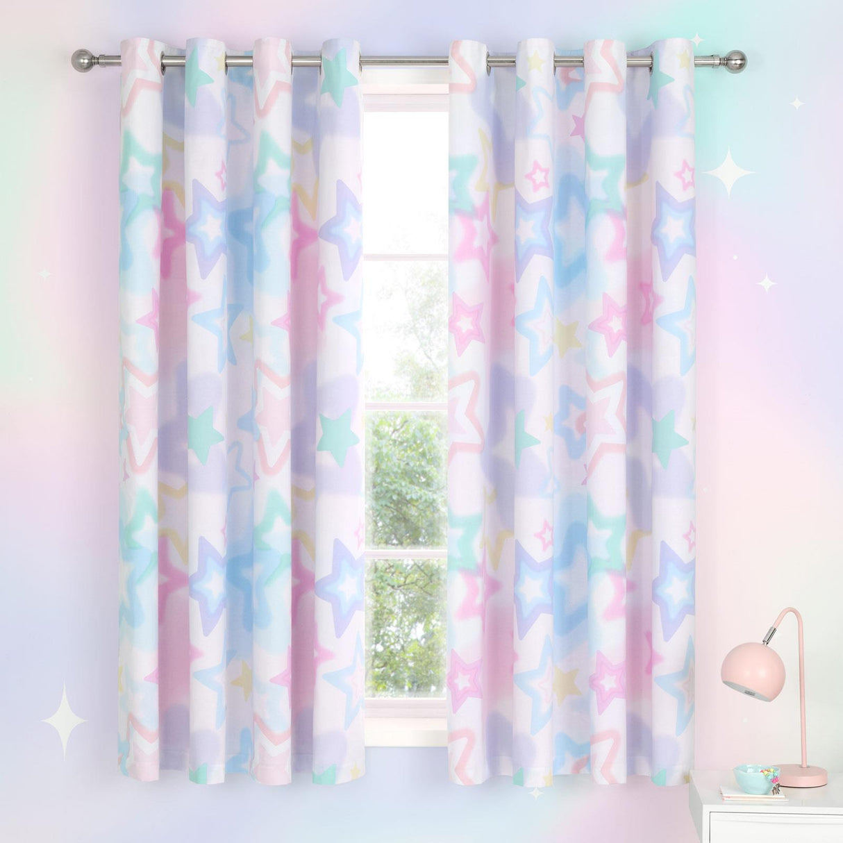 Catherine Lansfield Ombre Stars Ready Made Kids Eyelet Curtains - White