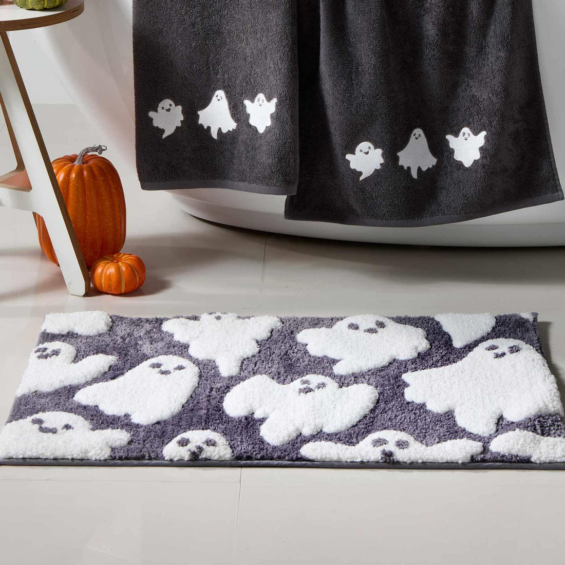 Spooky Ghosts Halloween Grey Bath Mat