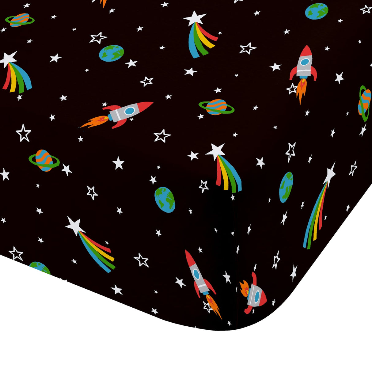 Catherine Lansfield Rainbow Rockets 25cm Deep Fitted Sheet - Black - Rainbow Rockets Fitted Sheet