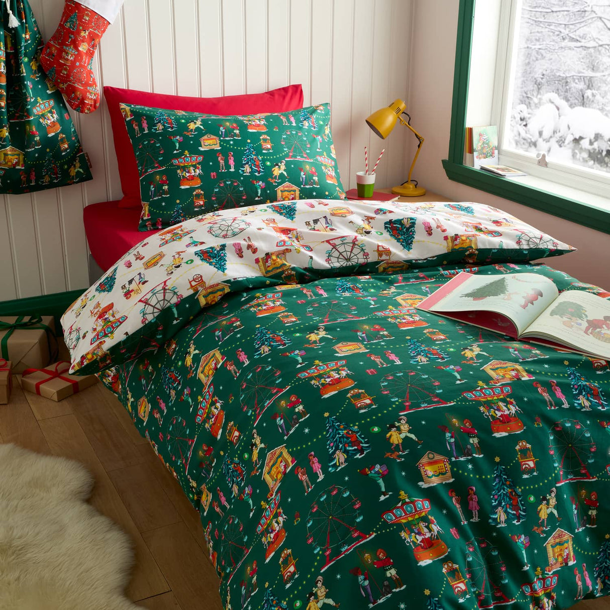 Belle & Boo Christmas Fairground Cotton Duvet Cover - Green - Christmas Fairground Duvet Set