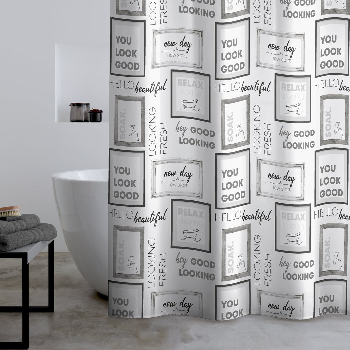 Catherine Lansfield Relax And Unwind Shower Curtain - Grey / Black - Relax And Unwind Shower Curtain