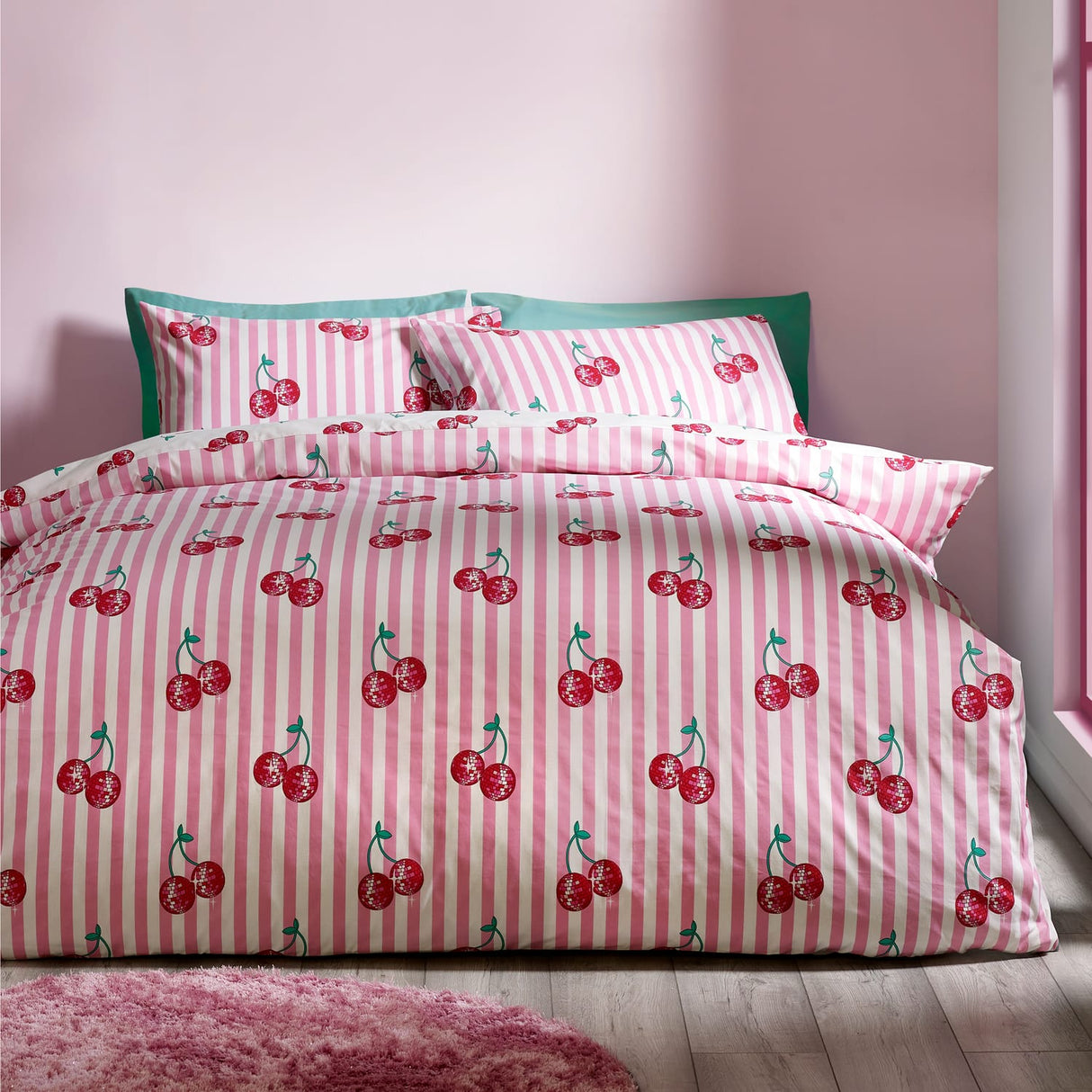 Catherine Lansfield Disco Cherries Duvet Cover Set - Pink - Disco Cherries Duvet Set