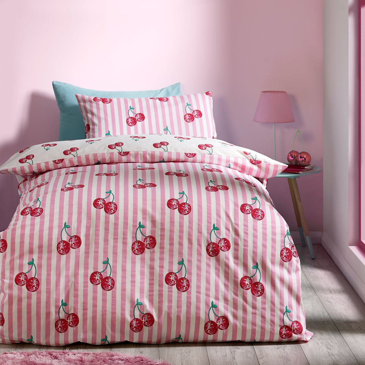Catherine Lansfield Disco Cherries Duvet Cover Set - Pink - Disco Cherries Duvet Set Single