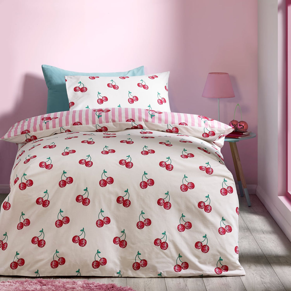 Catherine Lansfield Disco Cherries Duvet Cover Set - Pink - Disco Cherries Duvet Set Single