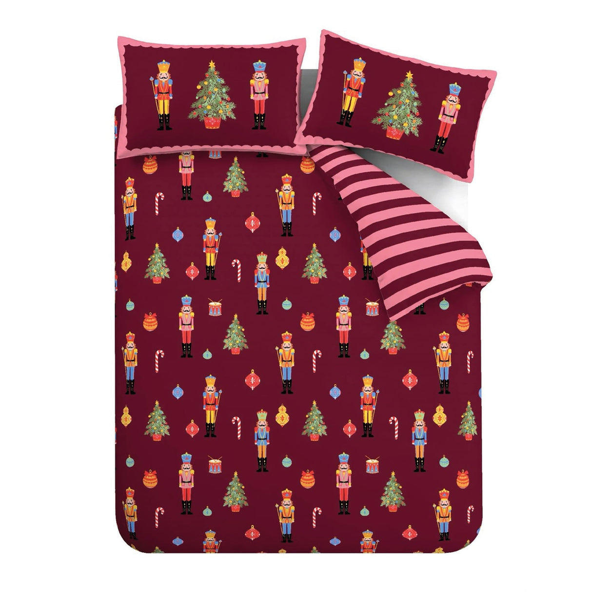 Catherine Lansfield Christmas Nutcracker Stripe Duvet Cover Set - Plum - Christmas Nutcracker Stripe