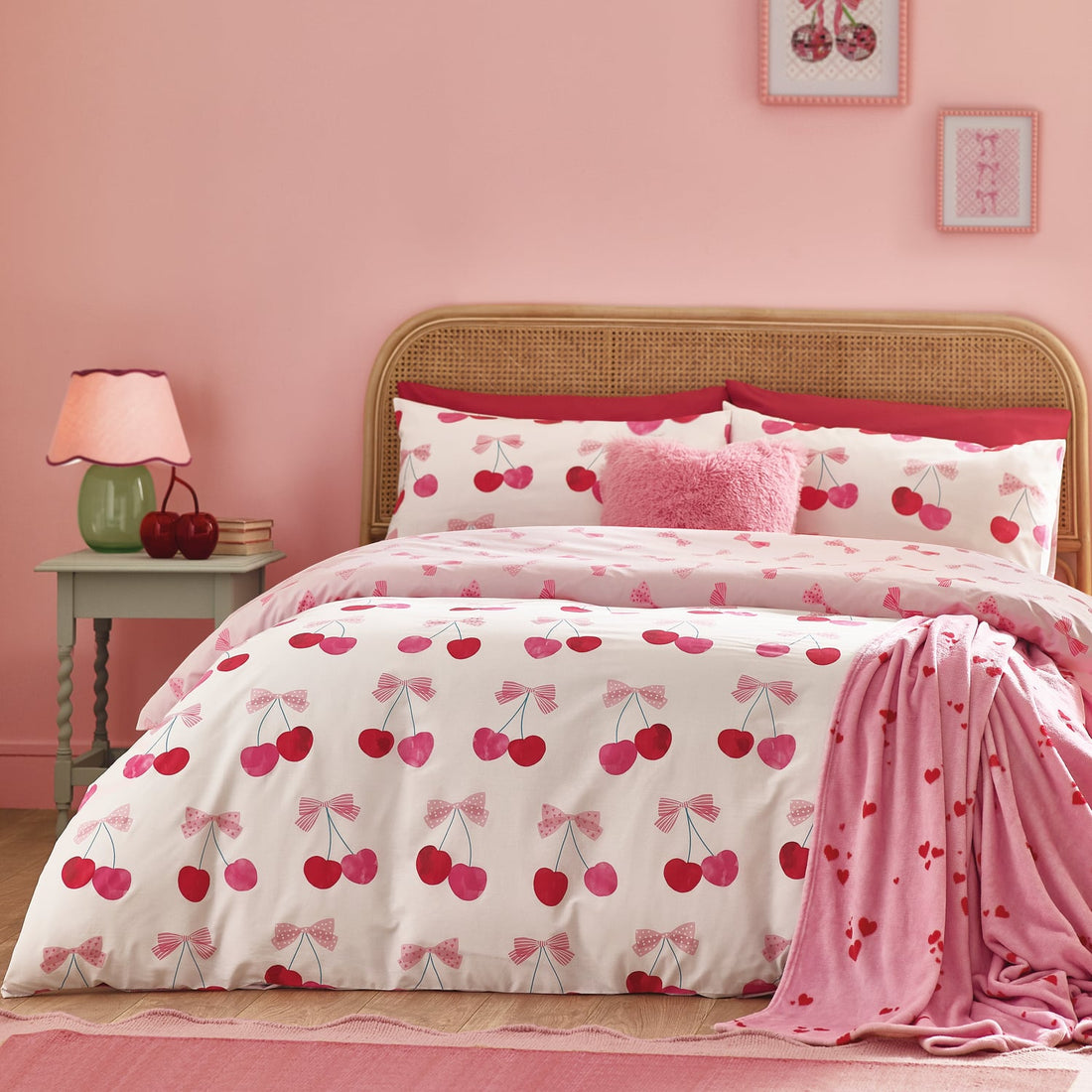 Catherine Lansfield Cherries and Bows Duvet Cover Set - Pink