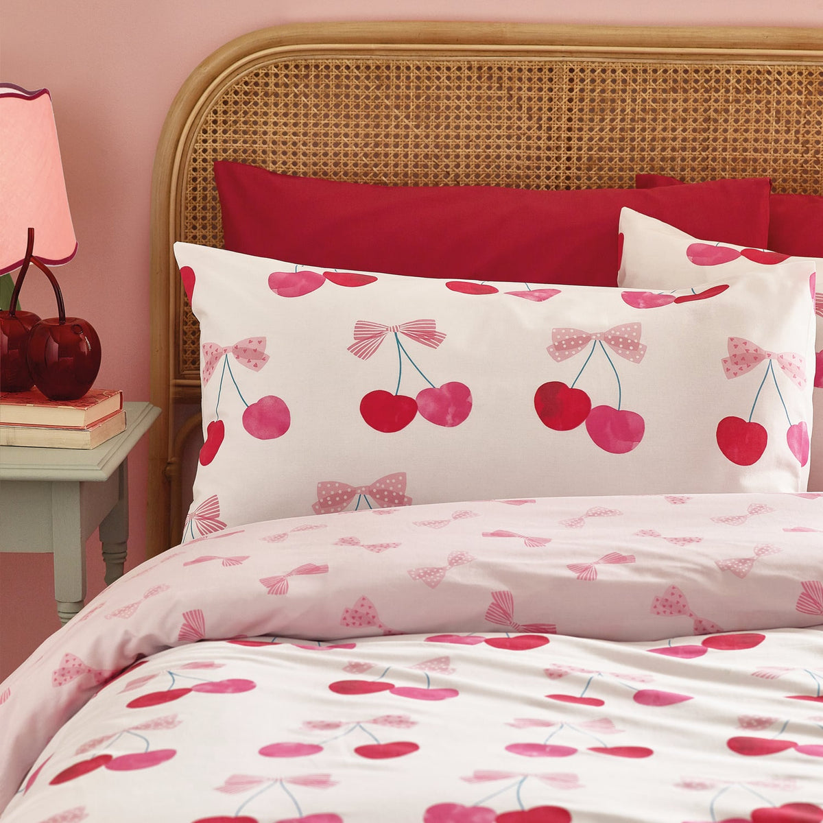 Catherine Lansfield Cherries and Bows Duvet Cover Set - Pink - Cherries And Bows
