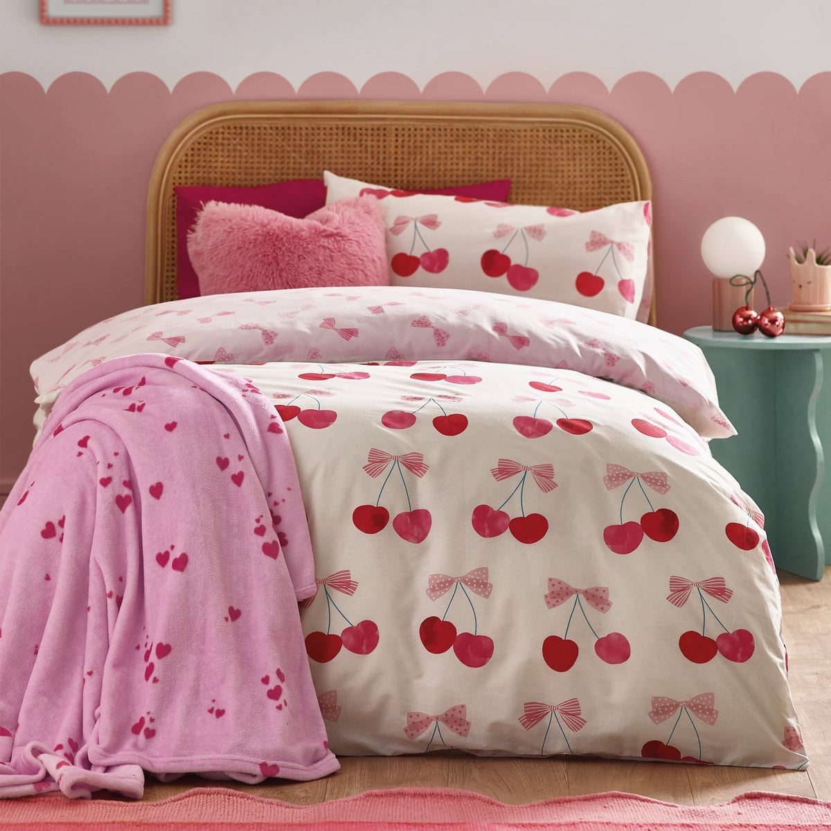 Catherine Lansfield Cherries and Bows Duvet Cover Set - Pink - Cherries And Bows Single (With Accessories Single)