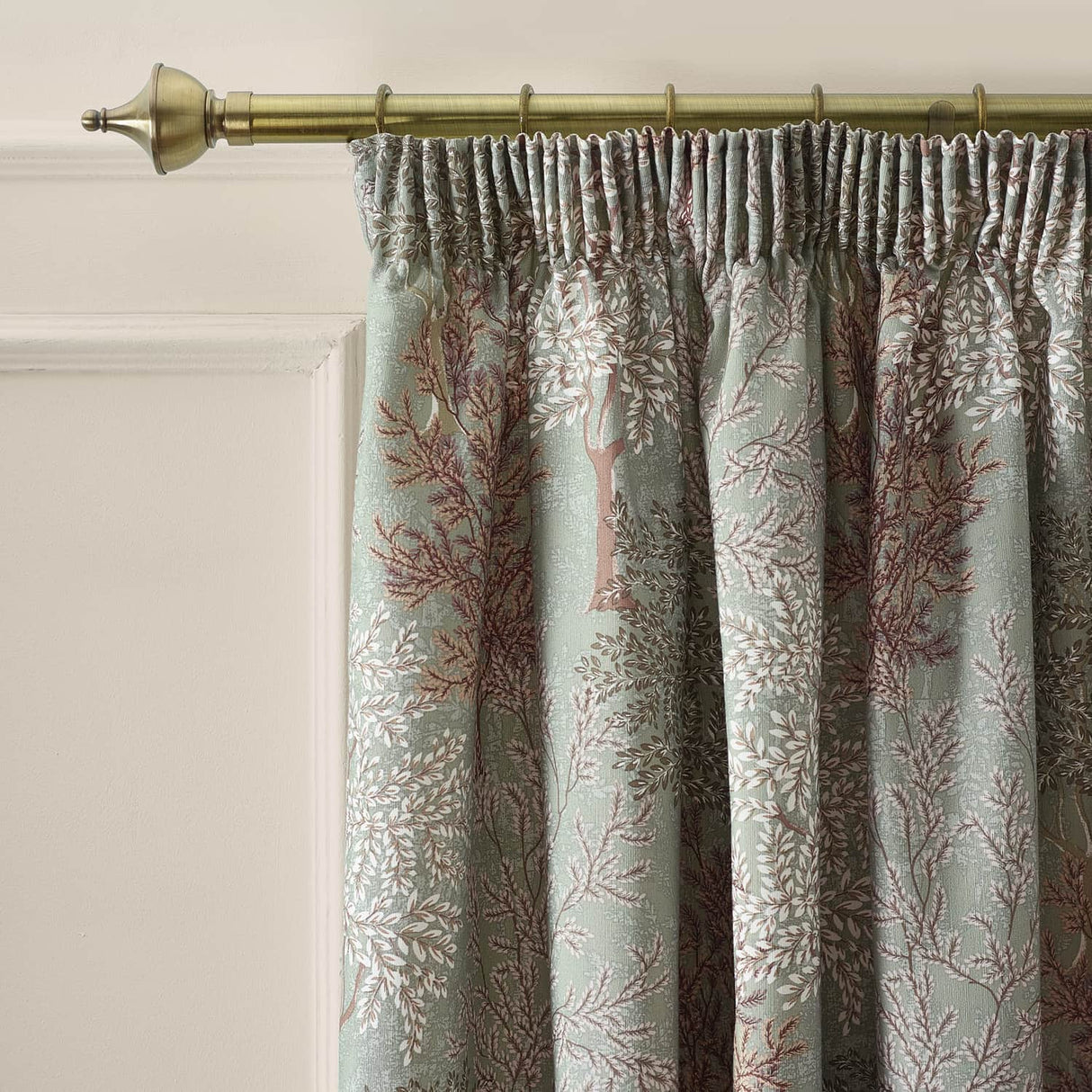Catherine Lansfield Woodland Trees Pencil Pleat Tape Top Curtains Dimout Thermal - Green