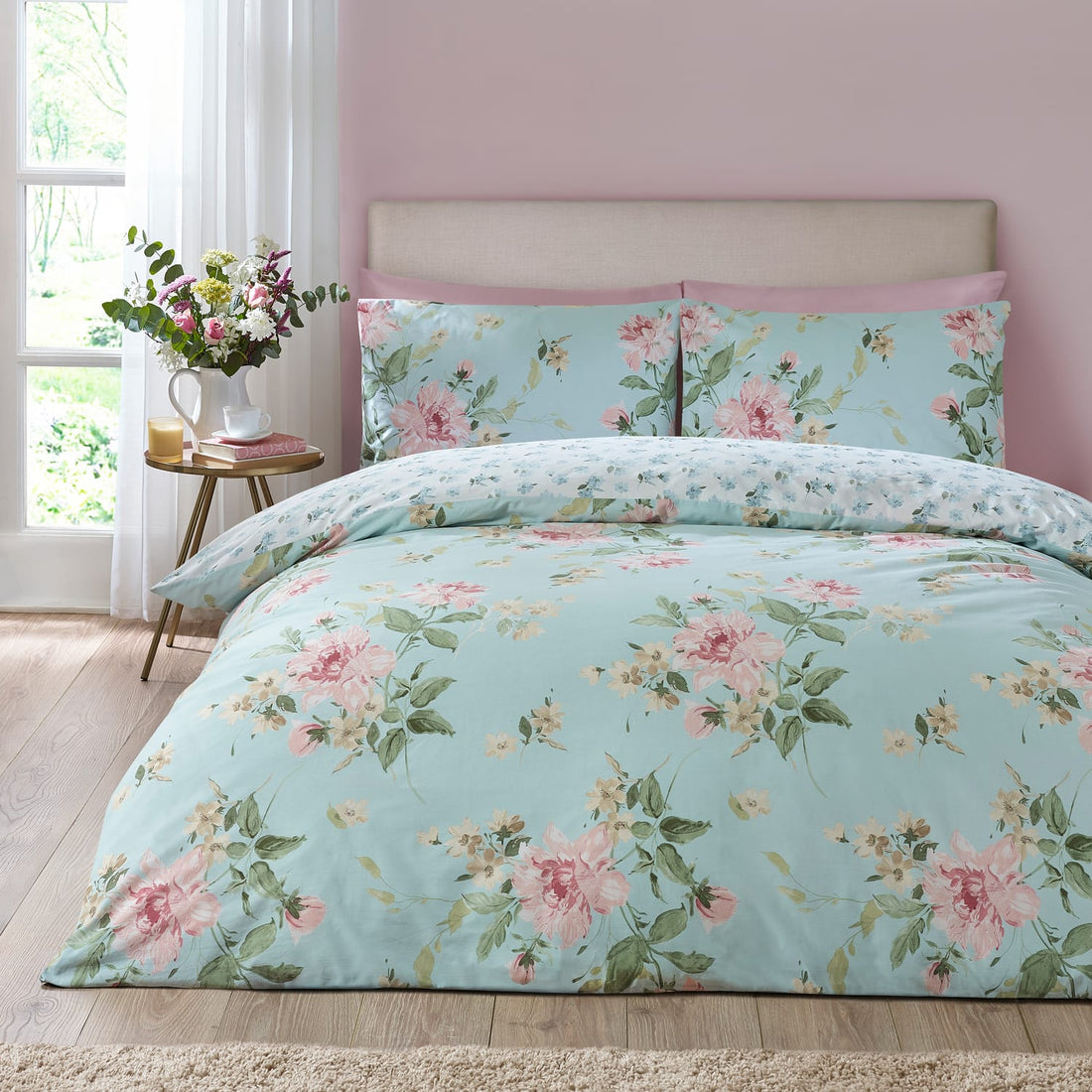 Catherine Lansfield Avebury Floral Duck Egg Blue Duvet Cover Bedding Set
