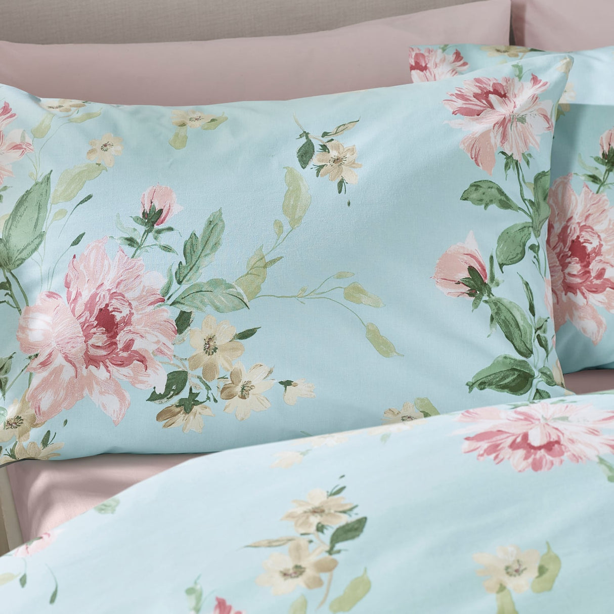 Catherine Lansfield Avebury Floral Duck Egg Blue Duvet Cover Bedding Set