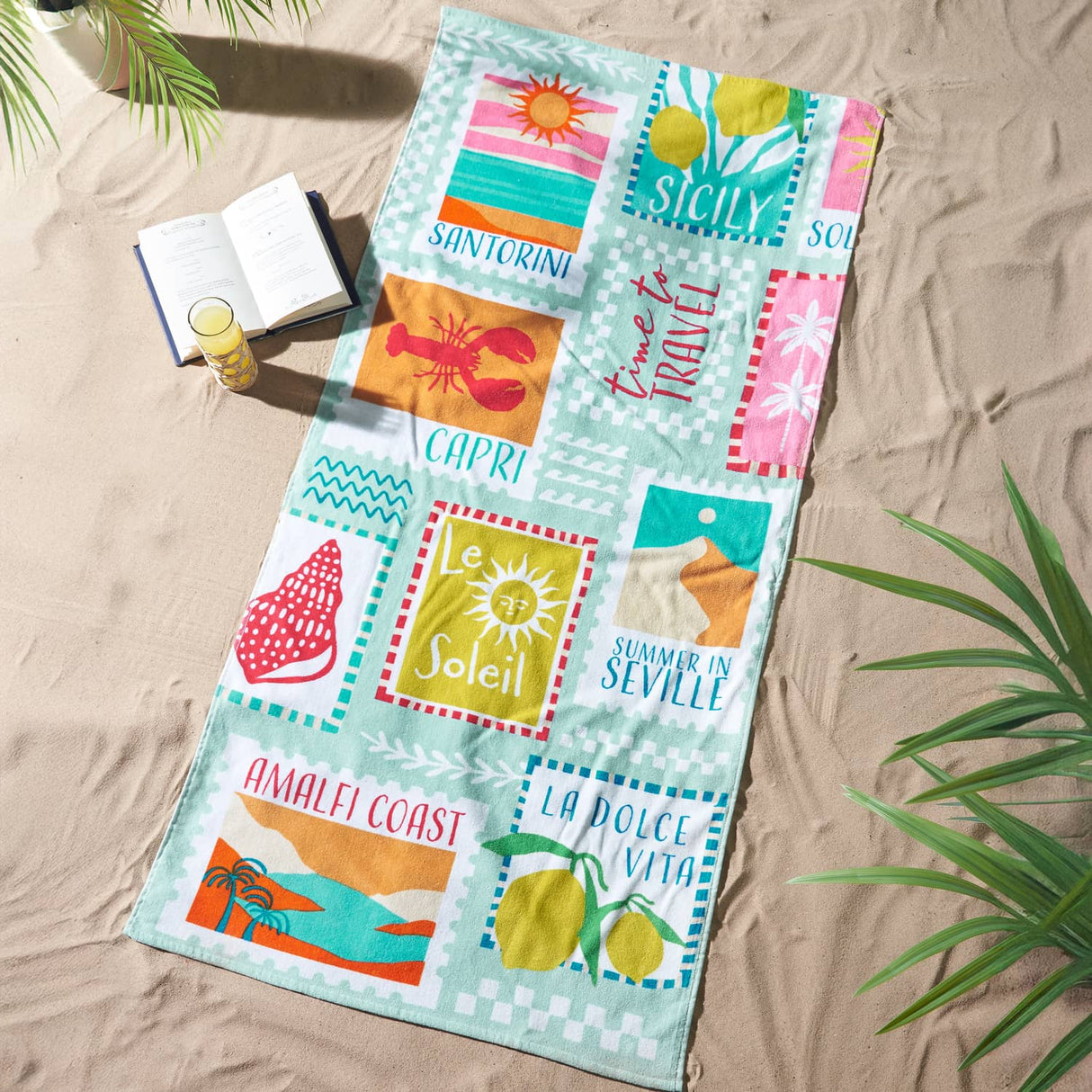 Catherine Lansfield Postcards Sage Green 320 GSM Cotton Beach Towel 76x160cm