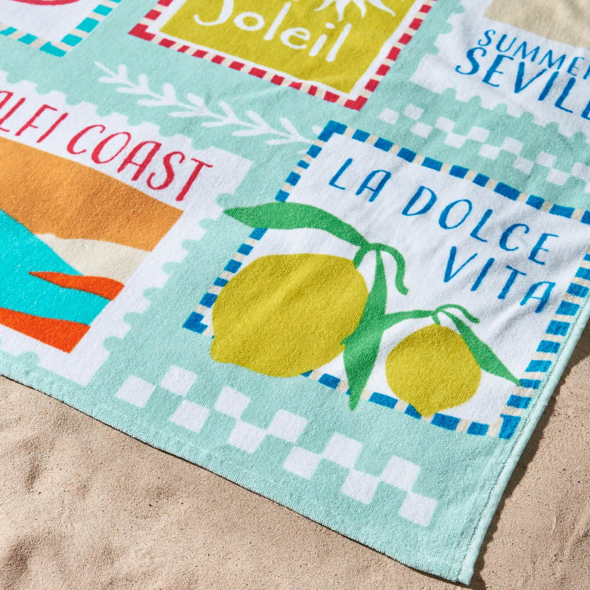 Catherine Lansfield Postcards Sage Green 320 GSM Cotton Beach Towel 76x160cm - Postcards Beach Towel