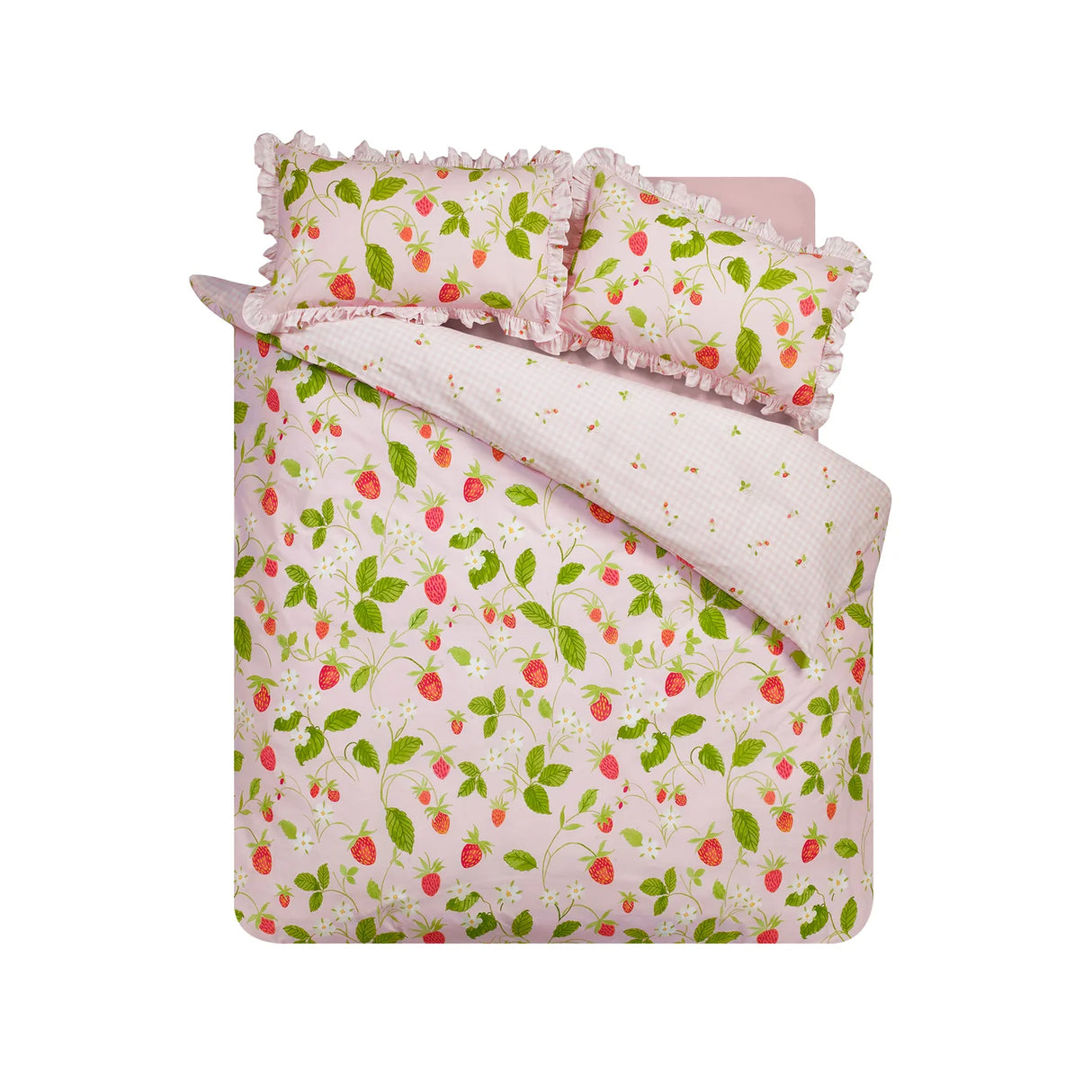 Catherine Lansfield Strawberry Frills Gingham Reversible Duvet Cover Set with Pillowcase