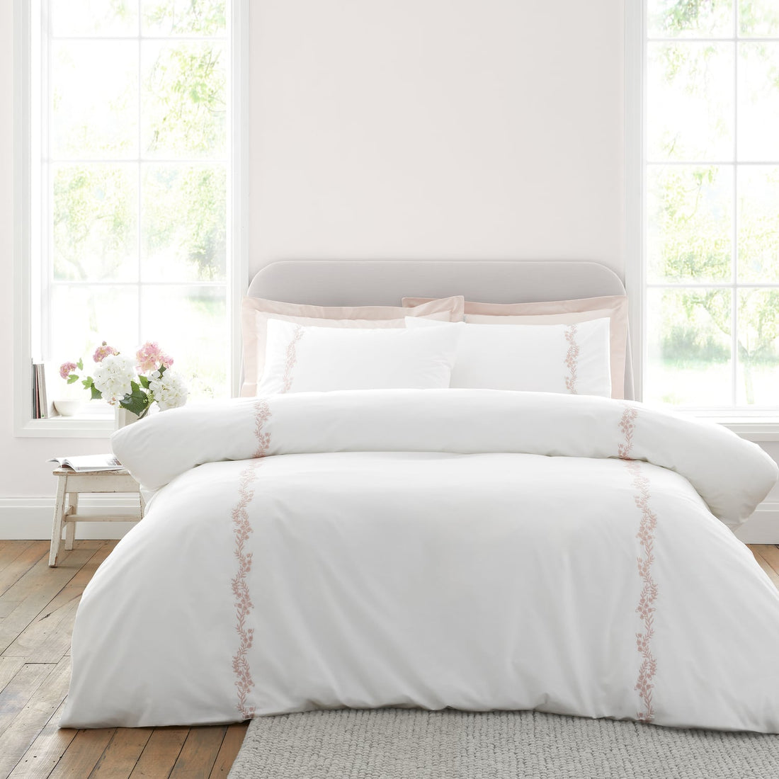 Bianca Fine Linens Camille Embroidered Floral White + Pink 100% Cotton Duvet Cover Bedding Set
