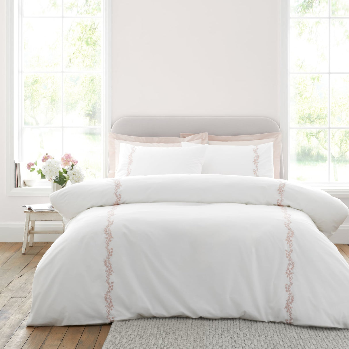 Bianca Fine Linens Camille Embroidered Floral White + Pink 100% Cotton Duvet Cover Bedding Set