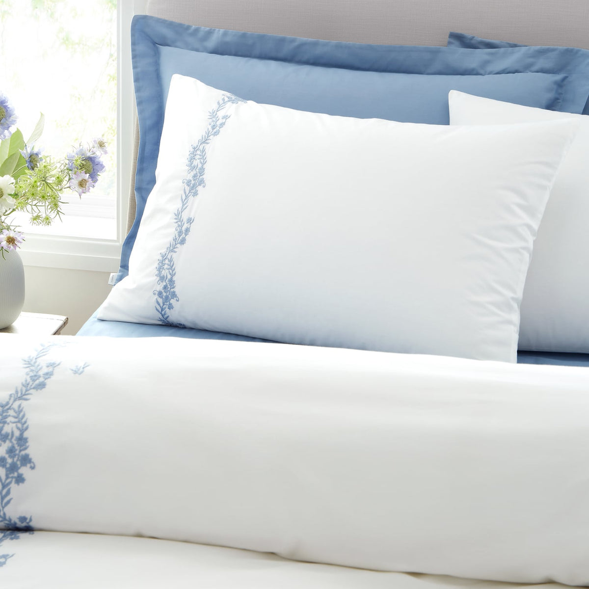 Bianca Fine Linens Camille Embroidered Floral White / Blue 100% Cotton Duvet Cover Bedding Set