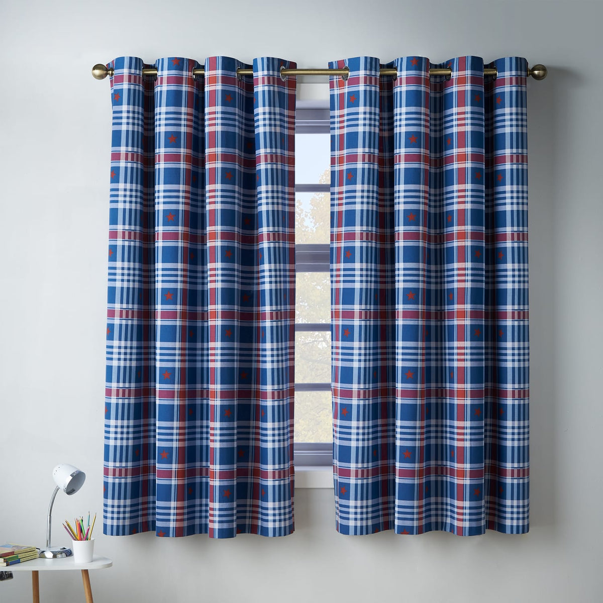 Catherine Lansfield Kids Stars and Check Reversible 66x72 Eyelet Curtains Polycotton - Blue