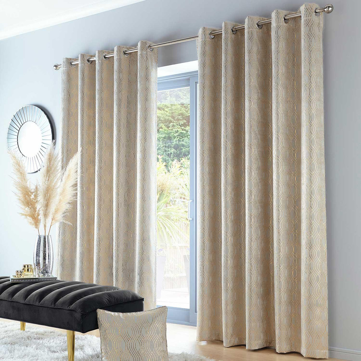 Broadway Metallic Eyelet Curtains Gold 90" x 54" by Enhanced Living